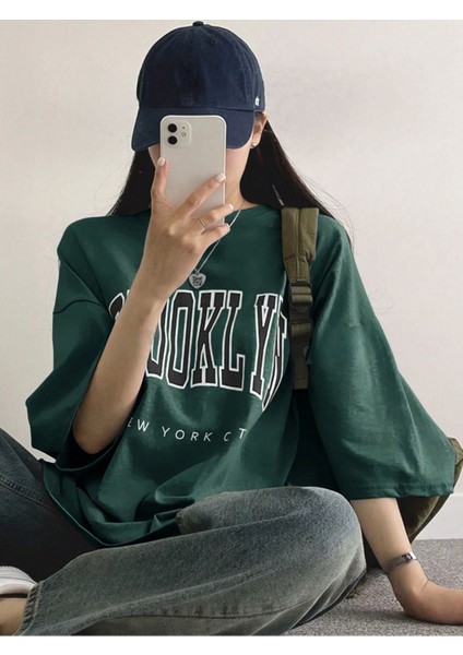 Brooklyn Letter Süprem T-Shirt - Yeşil Baskılı Oversize Bisiklet Yaka Tişört fırsatları