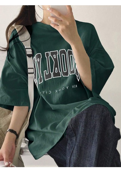 Brooklyn Letter Süprem T-Shirt - Yeşil Baskılı Oversize Bisiklet Yaka Tişört indirimleri