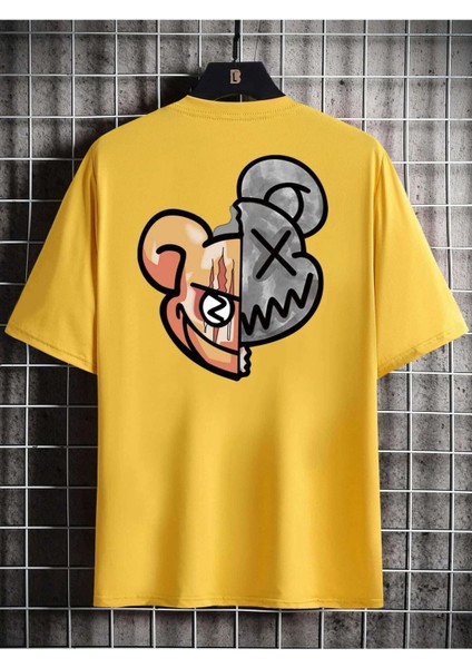 Çift Yüz Ayıcık Süprem T-Shirt - Sarı Baskılı Oversize Bisiklet Yaka Tişört