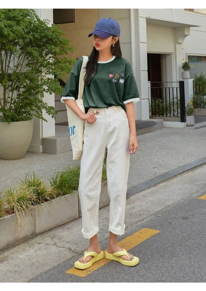 Uncool Parçalı Süprem T-Shirt - Nefti Yeşil Beyaz Oversize Bisiklet Yaka Kısa Kol Tişört modelleri