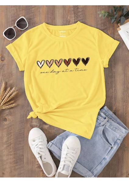 Renkli Kalpli Süprem T-Shirt - Baskılı Oversize Bisiklet Yaka Kısa Kol Tişört