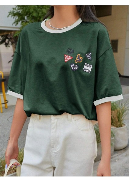 Uncool Parçalı Süprem T-Shirt - Nefti Yeşil Beyaz Oversize Bisiklet Yaka Kısa Kol Tişört indirimleri