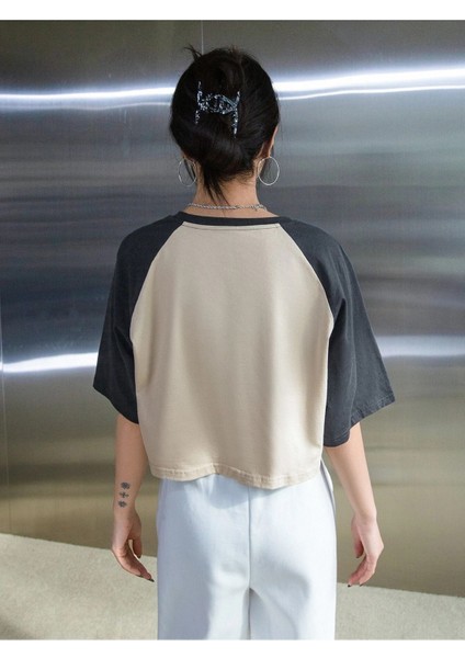 Bagels Baskılı Süprem Crop T-Shirt - Bej Füme Reglan Kol Oversize Bisiklet Yaka Tişört modelleri