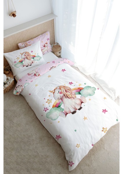Tek Kişilik Nevresim Takımı (160X220) - For Baby Serisi - Gökkuşaklı Unicorn