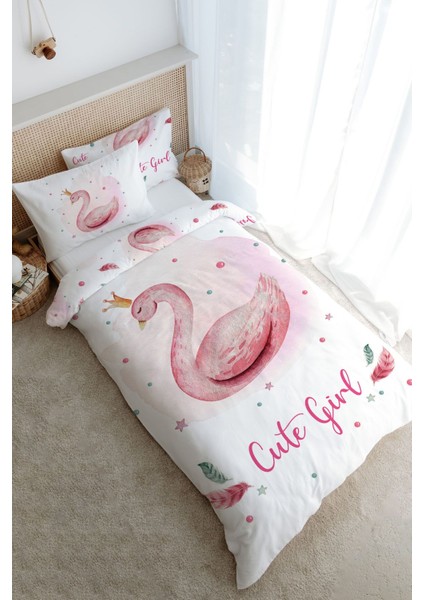 Tek Kişilik Nevresim Takımı (160X220) - For Baby Serisi - Pembe Zeminli Kuğu