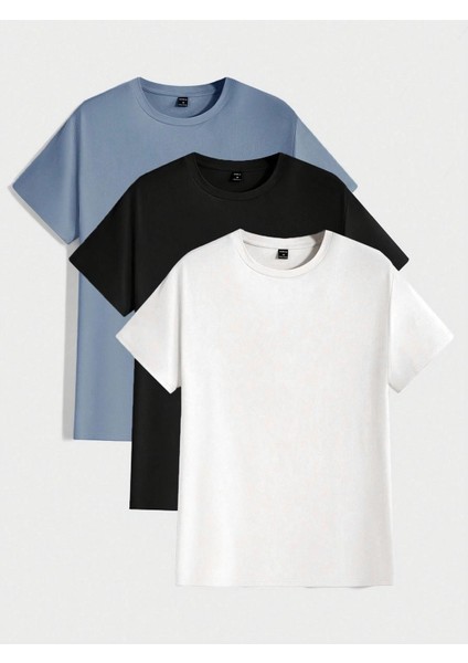 3'lü Basic Süprem T-Shirt - Bebe Mavisi Siyah Beyaz Oversize Bisiklet Yaka Tişört