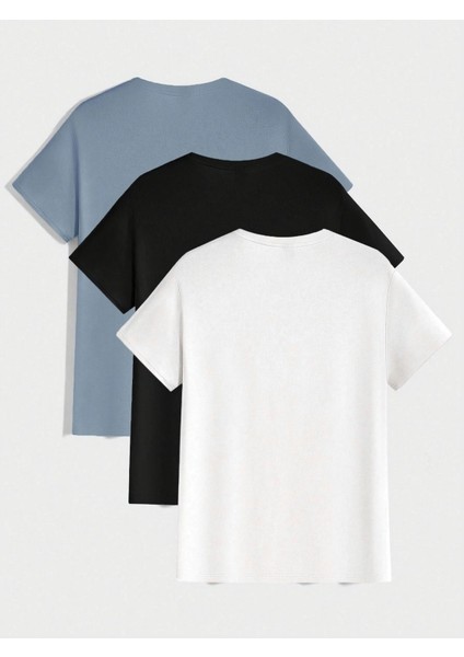3'lü Basic Süprem T-Shirt - Bebe Mavisi Siyah Beyaz Oversize Bisiklet Yaka Tişört fiyatları