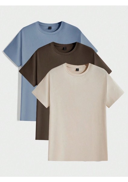 3'lü Basic Süprem T-Shirt - Bebe Mavisi Kahverengi Bej Oversize Bisiklet Yaka Tişört