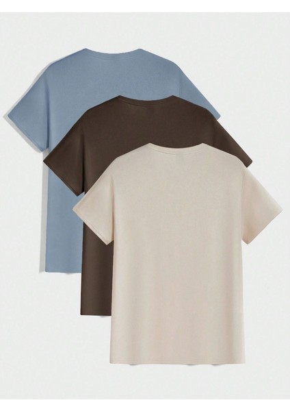 3'lü Basic Süprem T-Shirt - Bebe Mavisi Kahverengi Bej Oversize Bisiklet Yaka Tişört fiyatları