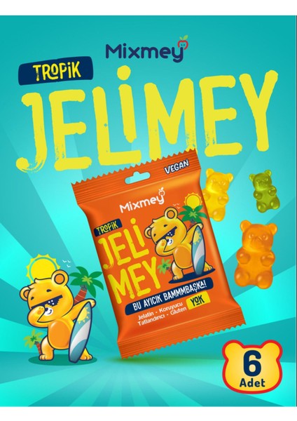 Jelimey Tropik 6 Adet x 35 gr (Jelatinsiz Doğal Tropik Lezzet Gummy Bear - Ayıcık)
