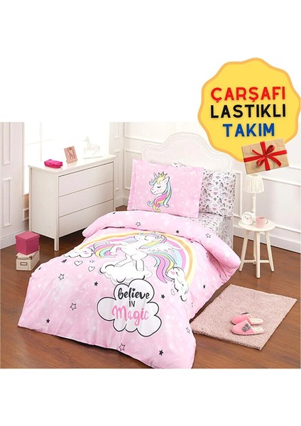Pembe Unicorn Lastikli Çarşaf Tek Kişilik Nevresim Takımı 5253