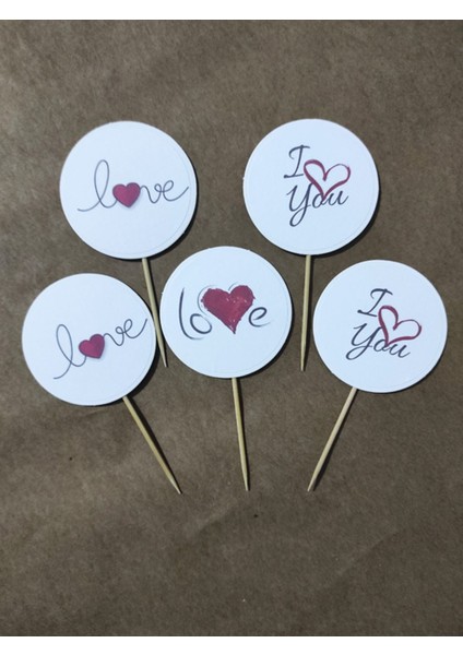 20 Adet Dekoratif Yuvarlak Bayraklı Love Baskılı Kürdan 6,5 cm - Sevgililer Günü Kürdanı fiyatları