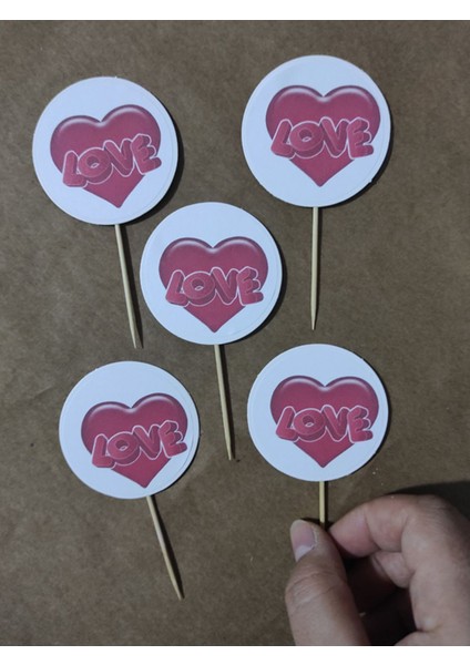 20 Adet Dekoratif Yuvarlak Bayraklı Kalp Baskılı Kürdan 6,5 cm - Sevgililer Günü Kürdanı