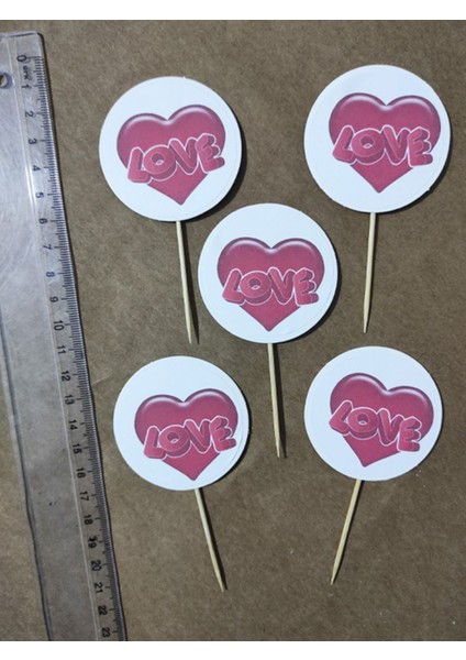 20 Adet Dekoratif Yuvarlak Bayraklı Kalp Baskılı Kürdan 6,5 cm - Sevgililer Günü Kürdanı fiyatları