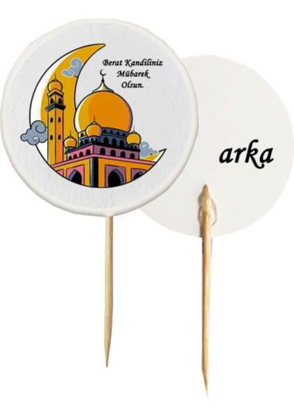 20 Adet Dekoratif Berat Kandiliniz Mübarek Olsun Baskılı Kürdan 6,5 cm