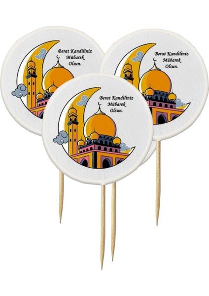 20 Adet Dekoratif Berat Kandiliniz Mübarek Olsun Baskılı Kürdan 6,5 cm modelleri