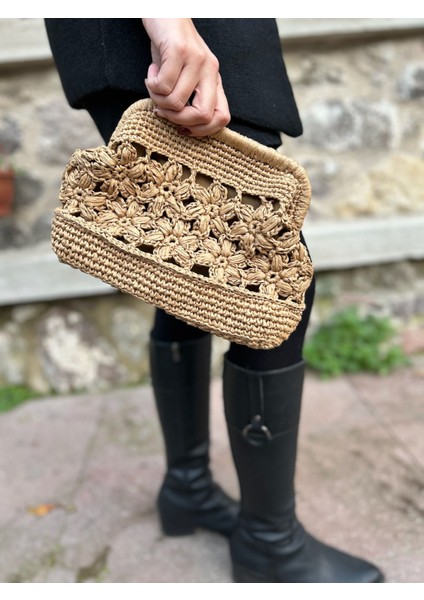 Çiçek Motifli Portföy Clutch Hasır Çanta