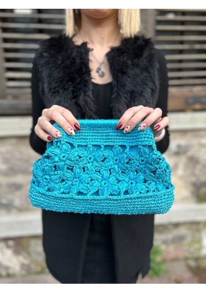 Çiçek Motifli Portföy Clutch Hasır Çanta
