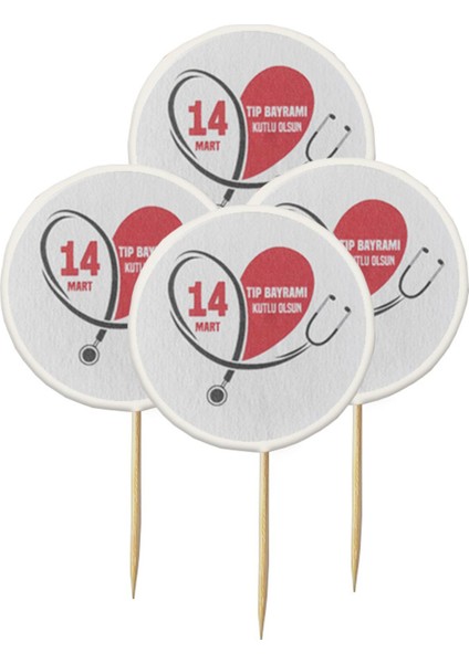 20 Adet Dekoratif Yuvarlak Bayraklı 14 Mart Tıp Bayramı Kutlu Olsun Baskılı Kürdan 6,5 cm