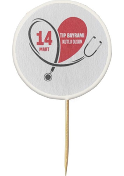 20 Adet Dekoratif Yuvarlak Bayraklı 14 Mart Tıp Bayramı Kutlu Olsun Baskılı Kürdan 6,5 cm modelleri