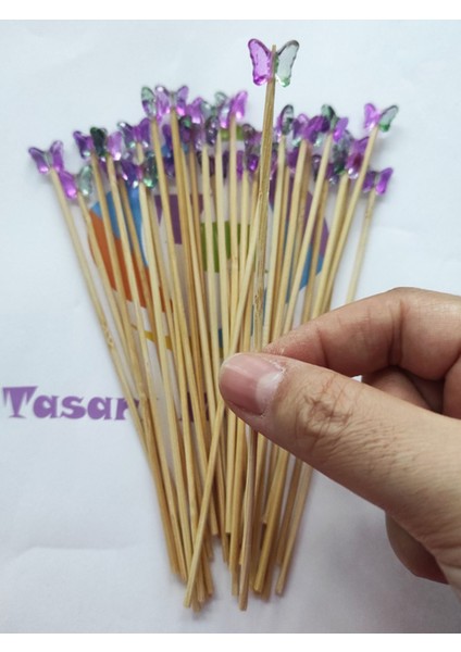 15 cm Uzun Kürdan - 30 Adet Lila Yeşil Kelebek Boncuklu Kokteyl Karıştırıcı - Boncuk 10 mm