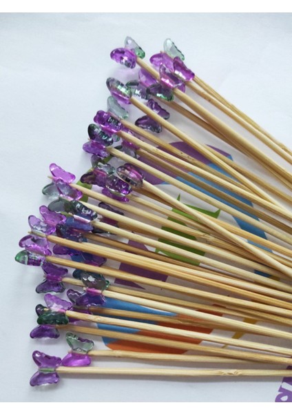 15 cm Uzun Kürdan - 30 Adet Lila Yeşil Kelebek Boncuklu Kokteyl Karıştırıcı - Boncuk 10 mm modelleri
