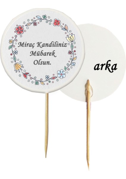 20 Adet Dekoratif Çiçekli Miraç Kandiliniz Mübarek Olsun Baskılı Kürdan 6,5 cm