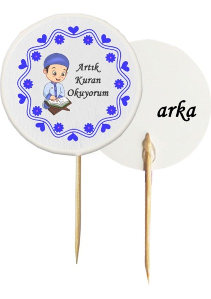 20 Adet Dekoratif Mavi Kalpli Artık Kur'an Okuyorum Baskılı Kürdan 6,5 cm