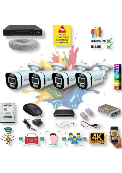 4 Kameralı IP Set - Yapay Zeka Özellikli Gece Renkli Gösteren Sesli 6 Warm Ledli 4K FULLHD IP Güvenlik Kamerası Seti 4386WS