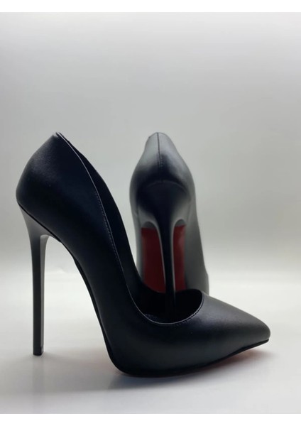 Siyah Mat Deri Astarlı Gizli Platformlu Stiletto Topuklu Ayakkabı