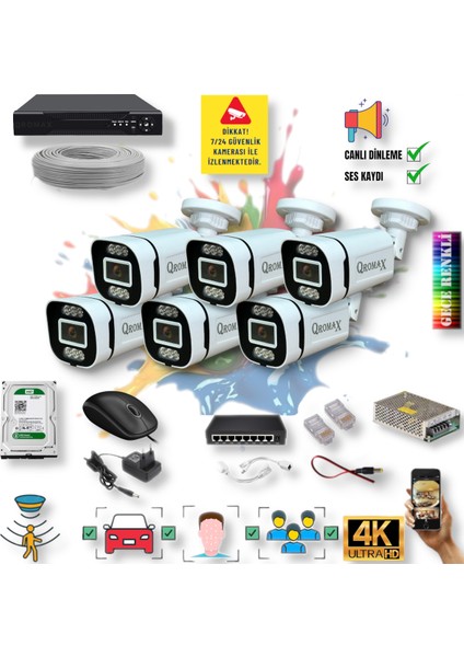 6 Kameralı IP Set - Yapay Zeka Özellikli Gece Renkli Gösteren Sesli 6 Warm Ledli 4K FULLHD IP Güvenlik Kamerası Seti 4386WS