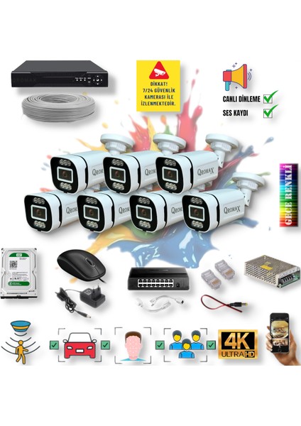 7 Kameralı IP Set - Yapay Zeka Özellikli Gece Renkli Gösteren Sesli 6 Warm Ledli 4K FULLHD IP Güvenlik Kamerası Seti 4386WS