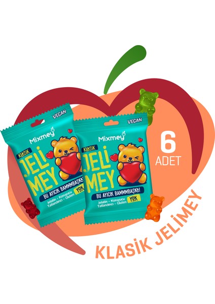 Jelimey Klasik 6 Adet x 35 gr (Jelatinsiz Doğal Klasik Lezzet Gummy Bear - Ayıcık )