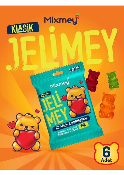 Jelimey Klasik 6 Adet x 35 gr (Jelatinsiz Doğal Klasik Lezzet Gummy Bear - Ayıcık )