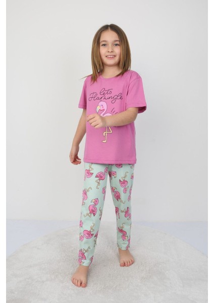 Kız Çocuk Pamuk Yazlık Kısa Kollu Pijama Takımı - Pembe Flamingo Desenli
