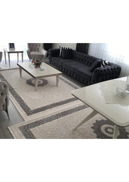 Troy Krem Gri Akrilik Dokuma Çerçeveli Desenli Yün Halı Kalitesinde Salon Oturma Odası Halısı