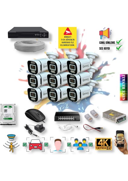 9 Kameralı IP Set - Yapay Zeka Özellikli Gece Renkli Gösteren Sesli 6 Warm Ledli 4K FULLHD IP Güvenlik Kamerası Seti 4386WS
