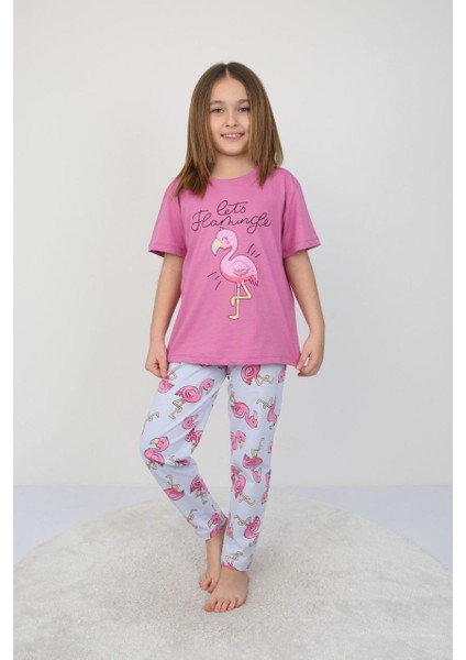 Kız Çocuk Pamuk Yazlık Kısa Kollu Pijama Takımı - Pembe Flamingo Desenli