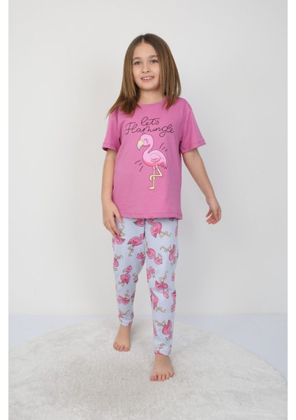 Kız Çocuk Pamuk Yazlık Kısa Kollu Pijama Takımı - Pembe Flamingo Desenli