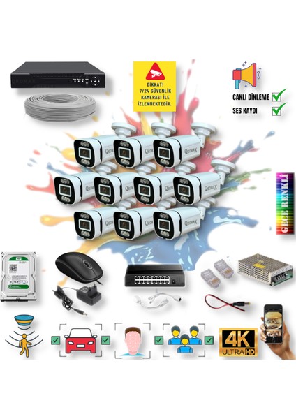 10 Kameralı IP Set - Yapay Zeka Özellikli Gece Renkli Gösteren Sesli 6 Warm Ledli 4K FULLHD IP Güvenlik Kamerası Seti 4386WS