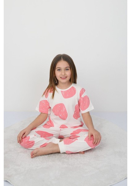 Kız Çocuk Pamuk Yazlık Kısa Kollu Pijama Takımı-Kalp Desenli