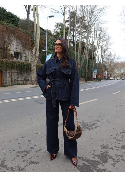 Patlı Yaka Denim Gömlek Pantolon Takımı
