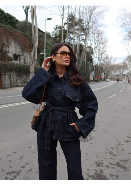 Patlı Yaka Denim Gömlek Pantolon Takımı