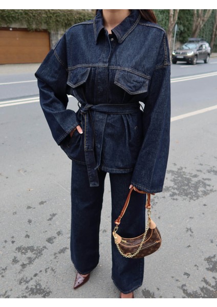 Patlı Yaka Denim Gömlek Pantolon Takımı