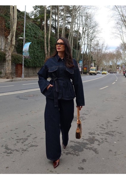 Patlı Yaka Denim Gömlek Pantolon Takımı