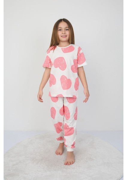 Kız Çocuk Pamuk Yazlık Kısa Kollu Pijama Takımı-Kalp Desenli