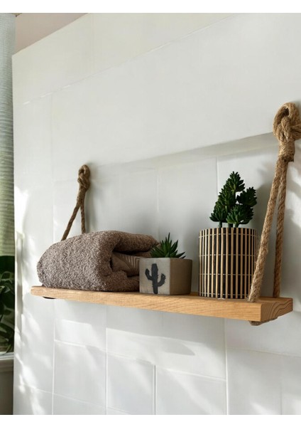 Ahşap Dekoratif Duvar Rafı- Mutfak ve Banyo Rafı - Halat Askılı Kitap Rafı