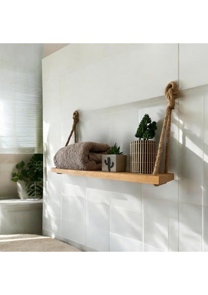 Ahşap Dekoratif Duvar Rafı- Mutfak ve Banyo Rafı - Halat Askılı Kitap Rafı