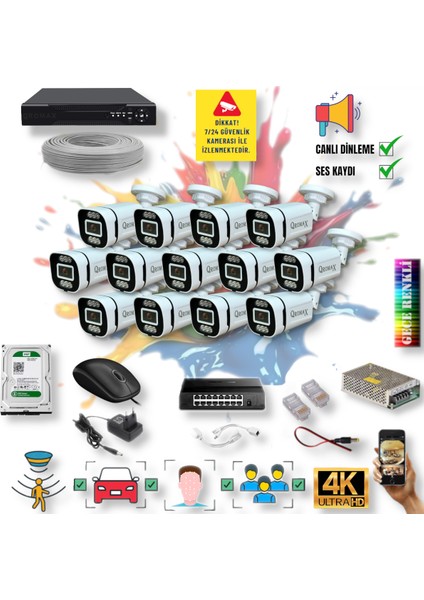 13 Kameralı IP Set - Yapay Zeka Özellikli Gece Renkli Gösteren Sesli 6 Warm Ledli 4K FULLHD IP Güvenlik Kamerası Seti 4386WS