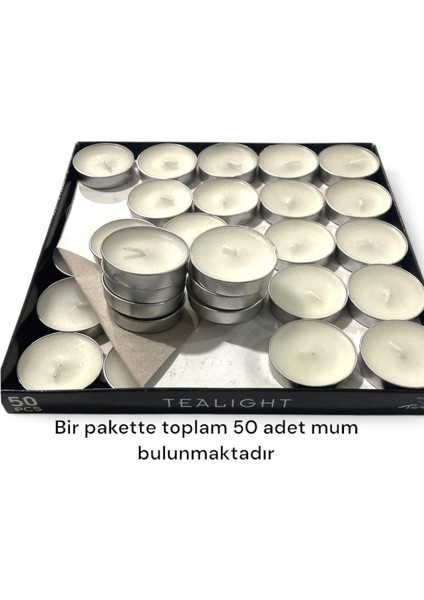 Tealight 50LI Mum Parti ve Özel Günler Için Uygun 1 Saat Tealight Kına 35 mm Çap 12 mm Boy